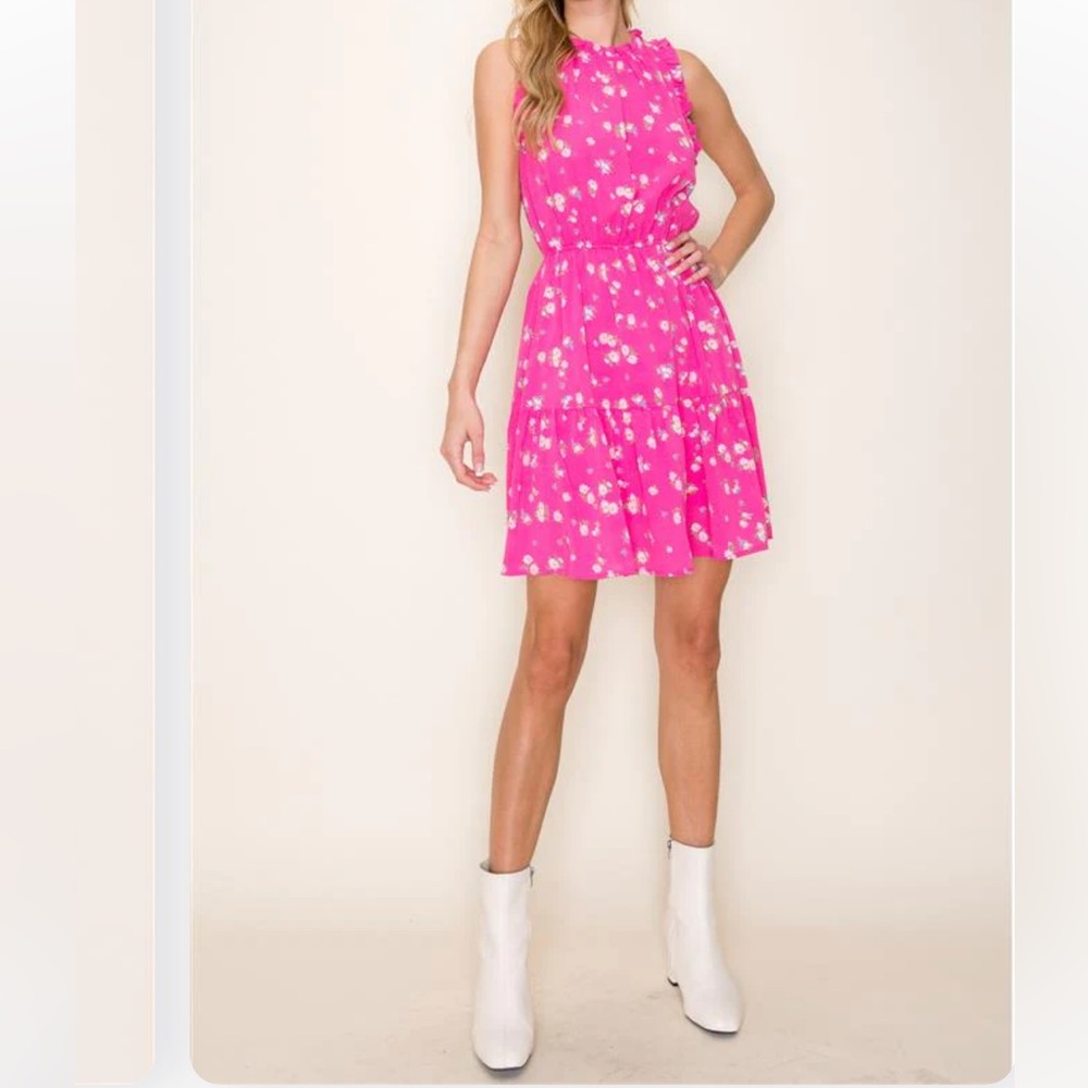 Staccato Pink Ruffled neck sleeveless floral dress